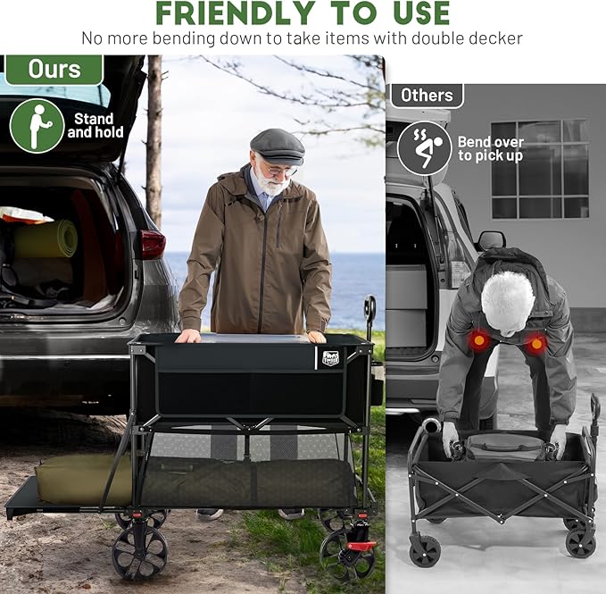 TIMBER RIDGE 400L Large Capacity Folding Double Decker Wagon with Brakes, 54" Extra Long Extender Wagon Cart, 450lbs Heavy Duty Collapsible Cart, All-Terrain Big Wheels for Camping, Sports, Shopping