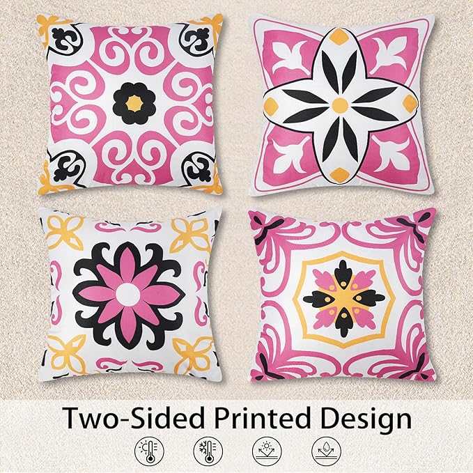Pyonic Black Hot Pink Outdoor Pillows Waterproof Throw Pillow Covers Set of 4 Floral Printed and Boho Farmhouse Outdoor Pillow Covers for Patio Funiture Garden 18x18 Inch