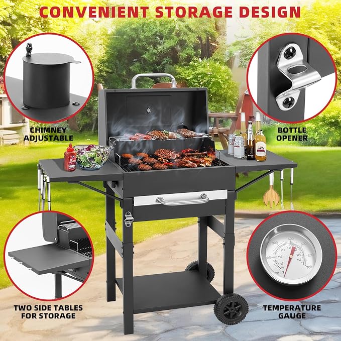 Kendane Charcoal Grill with Side Shelf, 353 Sq.Inch Cooking Area,Large Smoker Barbecue Grill with Warming Rack,Outdoor BBQ Grill with Charcoal Tray for Yard, Camping, Picnic