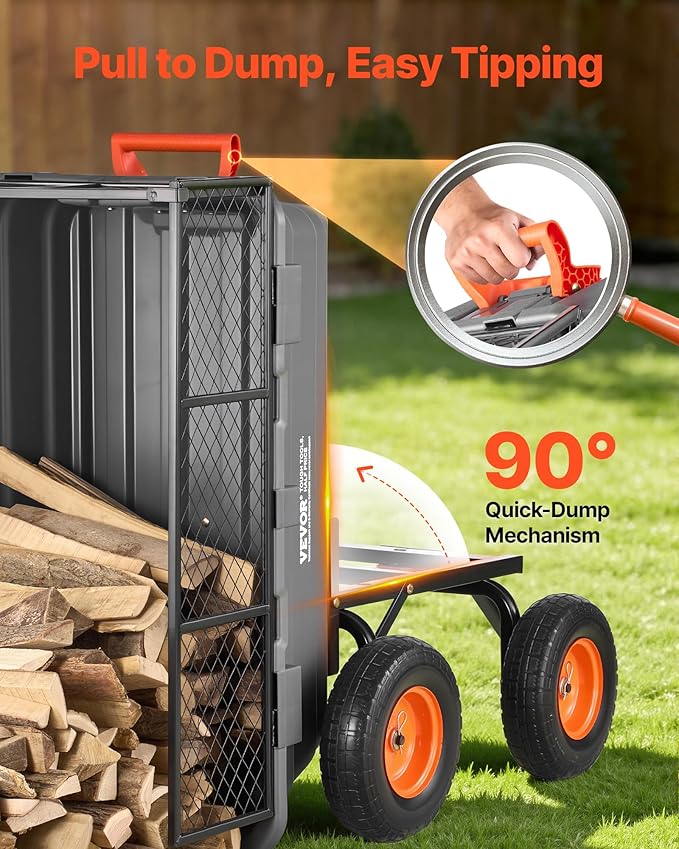 VEVOR 10 Cu.Ft 1200LBS Poly Garden Cart Dump Wagon, Heavy Duty Wheelbarrow with Convertible Handle and 13" Flat Free Tires, Outdoor Yard Wagon ATV Trailer Dump Cart Tow Behind for Lawn Mower Tractor