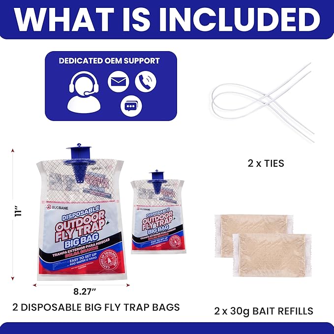 Fly Traps Outdoor Fly Trap for Patio. 2 Large Non-Toxic Pre-Baited Flies Bags Outdoor Disposable. Big Hanging Bug Catchers for All Filth Flies Killer for Outside Bug Control in Yard Horse Ranch.