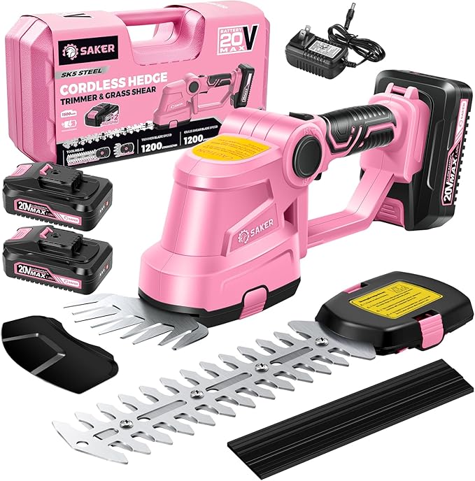 Saker Cordless Hedge Trimmer-20V Electric Shrub Trimmer Grass Shears Handheld Grass Cutter, Hedge Shear with 2 PCS Rechargeable Battery and Charger for Garden, Lawn(Pink)