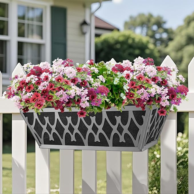 4 Pack 16 Inch Window Boxes Planters Railing Planter Box with Adjustable Brackets & Non-Woven Fabric Plant Grow Bags Deck Railing Planter Boxes Balcony Hanging Flower Box for Outdoor Plants