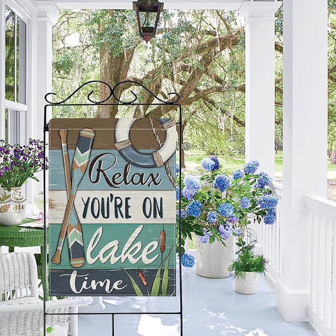Dyrenson Relax You're on Lake Time 28 x 40 House Flag Double Sided, Spring Summer Lakehouse Paddle Life Buoy Garden Yard Decorations, Farmhouse Burlap Outdoor Decor Decorative Large Flag