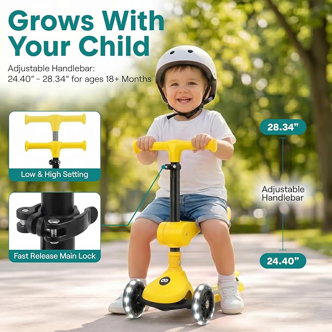 SereneLife 3 Wheel Scooter for Toddlers & Kids, Foldable Seat, LED Wheels, Adjustable Handlebar, Anti-Slip Deck, Rear Foot Brake, Lean-to-Steer, Kid Scooter, Supports up to 110 lbs (Yellow)