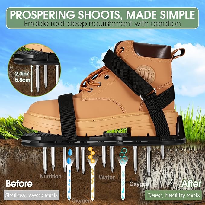 NAZZO Lawn Aerator Shoes, Upgrade Double Layer Lawn Shoes, Spring-Loaded Design, No Dirt on the Shoes, Soil Yard Aerator Tool for Aerating Patio Garden, Black, Patent Authorization Obtained