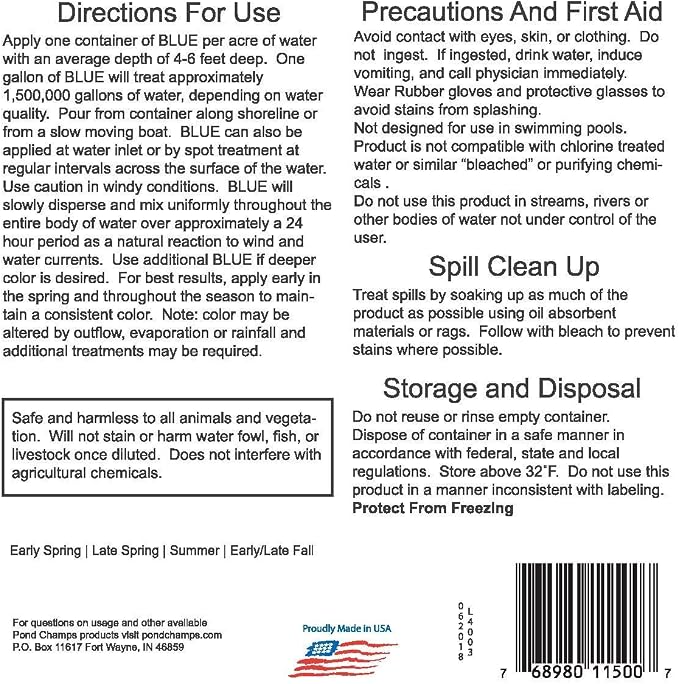 Blue Lake and Pond Dye - One Gallon of Professional Lake & Pond Dye - Treats Up to 1 Acre - Royal Blue Color - Safe for Fish, Wildlife, Pets & Children