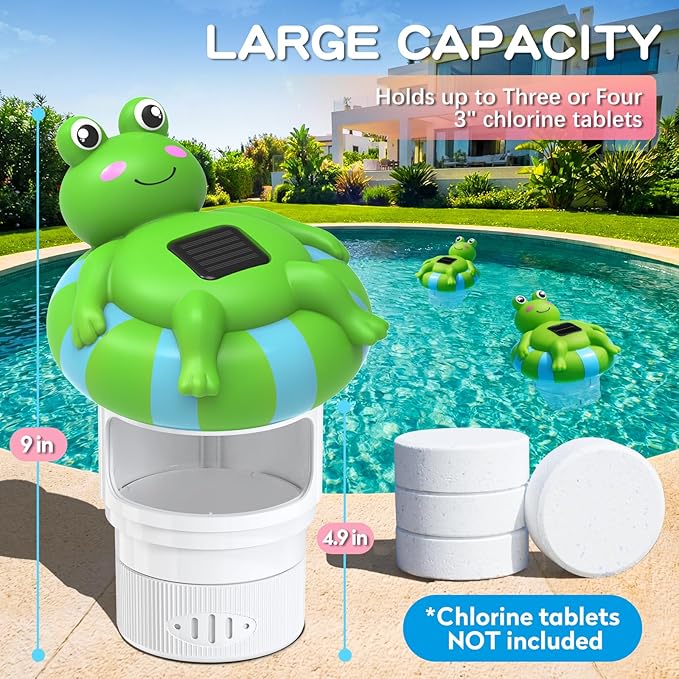 Pool Chlorine Floater for 3 Inch Tablets, Solar Frog Chlorine Tablet Floater with Adjustable Release, Glow in Dark, Large Capacity Floating Chlorine Dispenser for Pool, Hot Tub, Spa (White)
