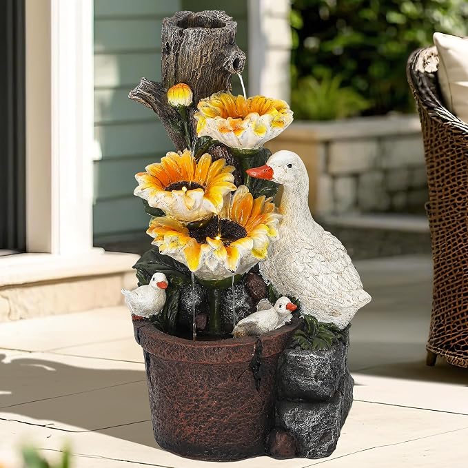 AUTODAYA 19" Water Fountain Indoor Outdoor, 4-Tier Sunflower & Duck Design with LED Lights and Cascading Waterfalls, Rustic Decor for Garden, Yard, Patio, Flowerbed & Farmhouse