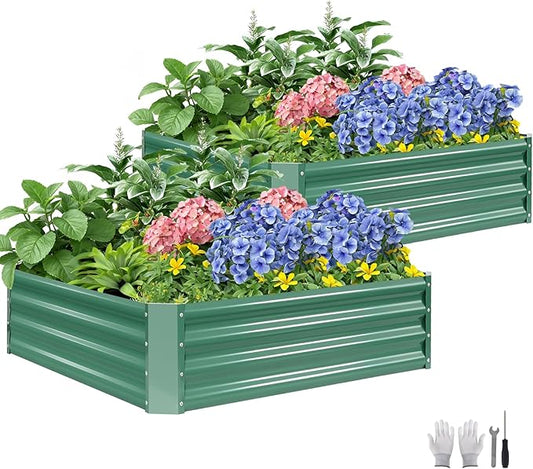 2 Pcs 4x4x1ft Galvanized Raised Garden Bed Outdoor, Metal Planter Boxes with Easy Assembly, Planter Raised Beds for Gardening, Flower, Plants, Vegetable, Herb - LotusGreen