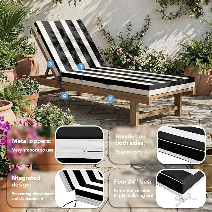 L'AGRATY Outdoor Lounge Chaise Cushion: 72x21x3 Inch Waterproof Lounge Chair Cushion for Outdoor Furniture with Fade Resistant Removable Cover - Patio Cushions for Pool Lawn Deck(Black White 1Pack)