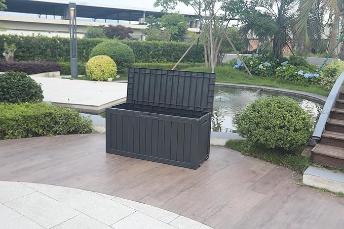 BTEXPERT 74 Gallon Resin Deck Box, Outdoor Storage Container for Patio Furniture Garden Tools Cushions Waterproof Lockable Metal Support Rods UV Resistant