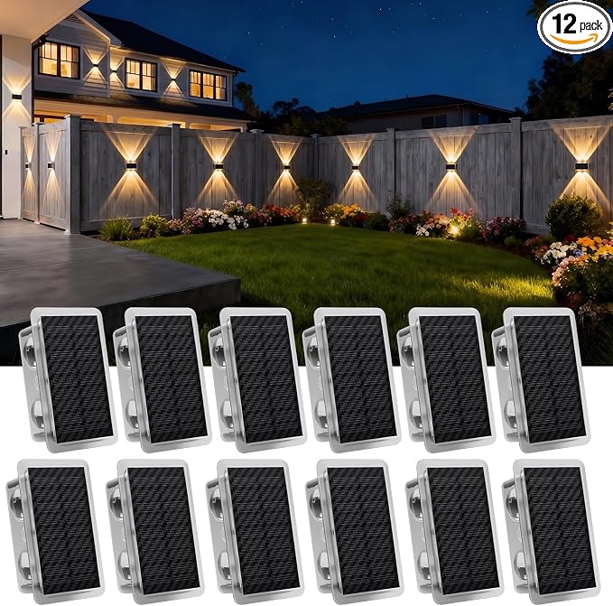 AUDLES Solar Fence Lights Outdoor Waterproof IP65, 3 Color Modes New Up Down Glow Solar Powered LED Wall Pack Lights for Outside Backyard, Deck, Step, Patio, Railing and Home Improvement - 12 Pack