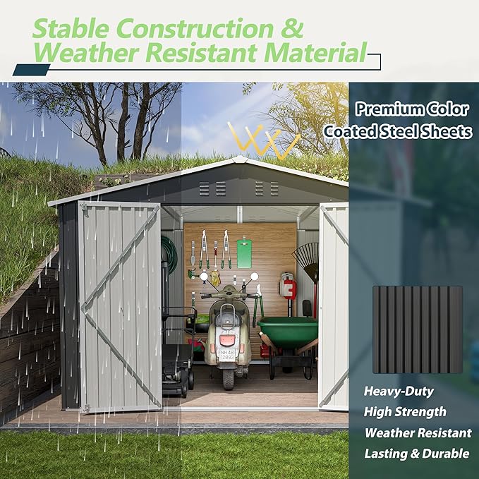 KEIKI Storage Shed 10x10 FT, Large Metal Tool Shed for Outdoor Storage, Galvanized Steel Garden Shed with Lockable Doors for Patio, Backyard, Lawn, Black