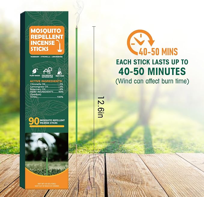90 pcs Mosquito Repellent Outdoor Patio Sticks, Citronella Repellent Incense Sticks, Natural Essential Oil Incense, Repel Mosquito for Indoor, Patio, Camping, Fishing