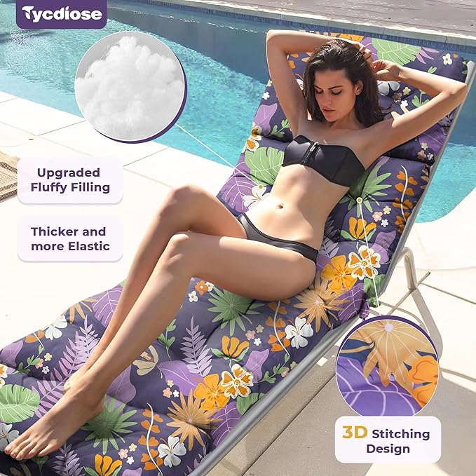 Outdoor Chaise Lounge Chair Cushion Set of 4, Waterproof 74.4 x 22 x 4.7 Inches Memory Foam Thickened Lounge Chair Cushions Replacement for Outdoor Furniture with Ties, Purple Floral Leaf