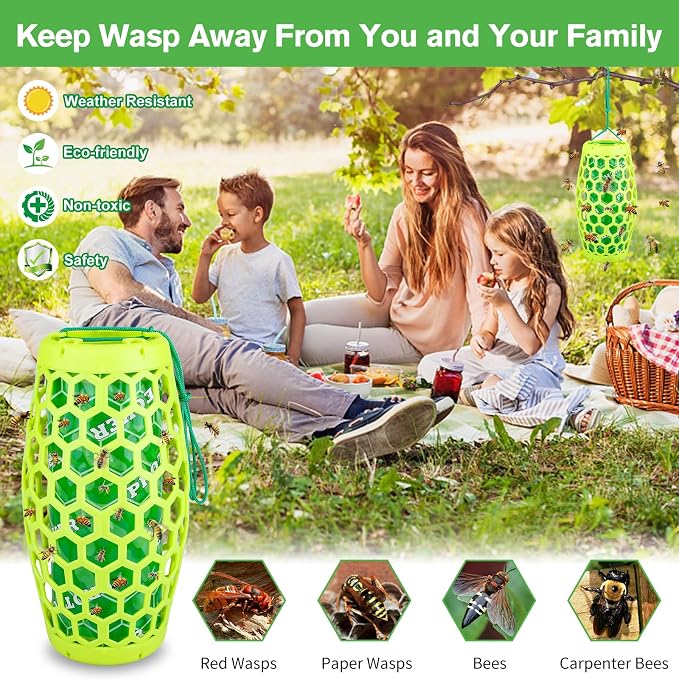 Wasp Trap Bee Catcher - Outdoor Hanging Carpenter Bee Traps with 4 Sticky Boards, Non-Toxic Reusable Hornet & Yellow Jacket Trap, 2 Pack (Green)