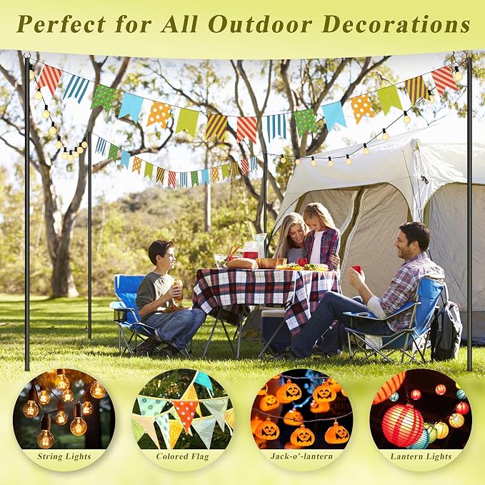 6 Pack String Light Poles for Outside, 10Ft Adjustable Outdoor Light Poles for String Lights, Outdoor Lighting Stand with Fork for Patio, Deck, Backyard, Garden, Party & Wedding