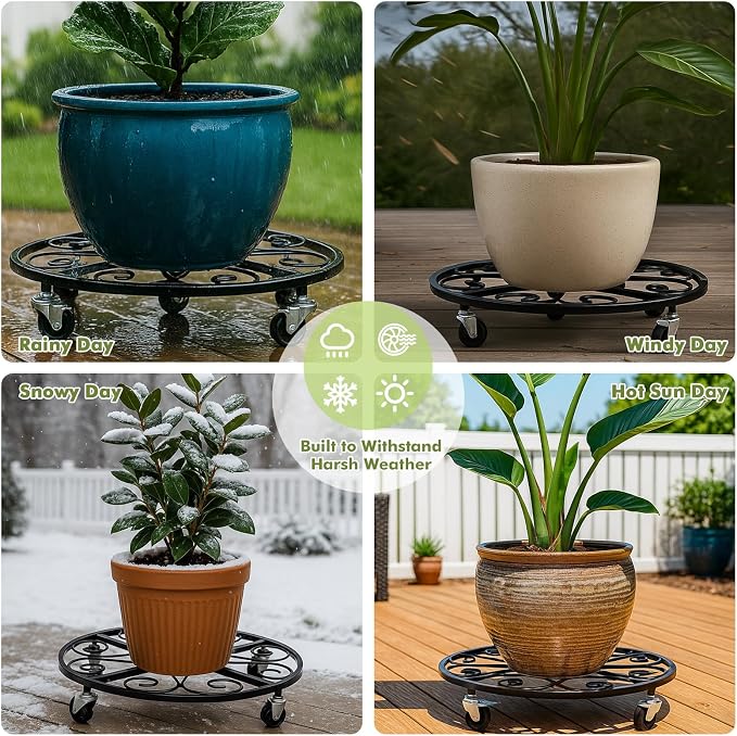 4 Pack Plant Caddy with Wheels 20 Inch Rolling Plant Stand for Large Plants Heavy Duty Plant Rollers Metal Plant Dolly Rustproof Planter Stand Wrought Iron Plant Stands Flower Cart Outdoor