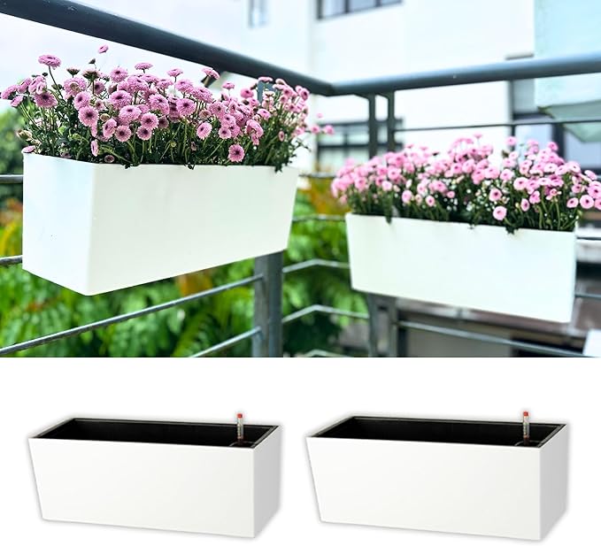 LaLaGreen Railing Planter Box (14 Inch, 2 Pack) White Rectangular Window Flower Boxes with Bracket, Self Watering System Hanging Planters for Outdoor Plant Pot Container Deck Rail Fence Balcony Herb