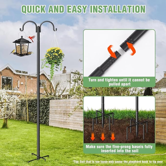 Double Shepherds Hooks for Outdoor, Heavy Duty Bird Feeder Pole with 5-Prong Base - Rust-Proof, Adjustable Bird Feeder Hanger for Garden, Wedding Decor & Hanging Plants