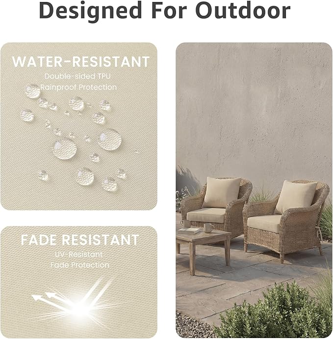 PatioGlow Outdoor Seat Cushion Set, 24" x 24" x 3.5", Set of 2, Water-Resistant & Fadeness Patio Furniture Cushions with Removable Cover & Ties, Thick Deep Seating Pads for Outside Sofa Couch, Khaki