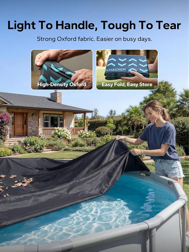 POOLHACKER 14 FT Round Pool Cover 420D Swimming Pool Cover for Above Ground Pools, Solar Pool Cover with Steel Cable & Pulley Tightening, Windproof and UV Resistant