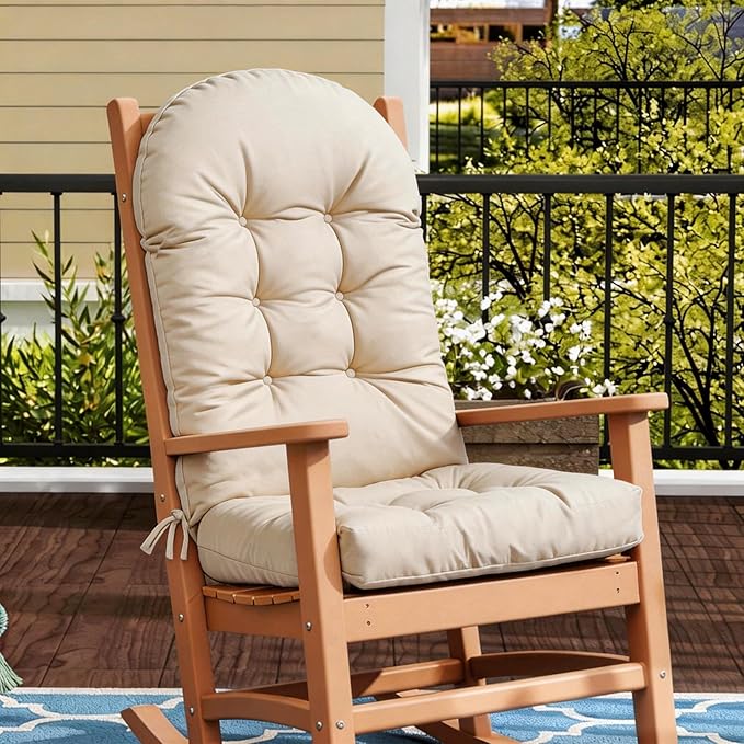 Rocking Chair Cushion Adirondack Chair Cushions with Non-Slip Ties, High Back Patio Chair Cushions,Fade-Resistant & Waterproof,Indoor/Outdoor Rocking Chair Pad for Living Room, Deck, Beige