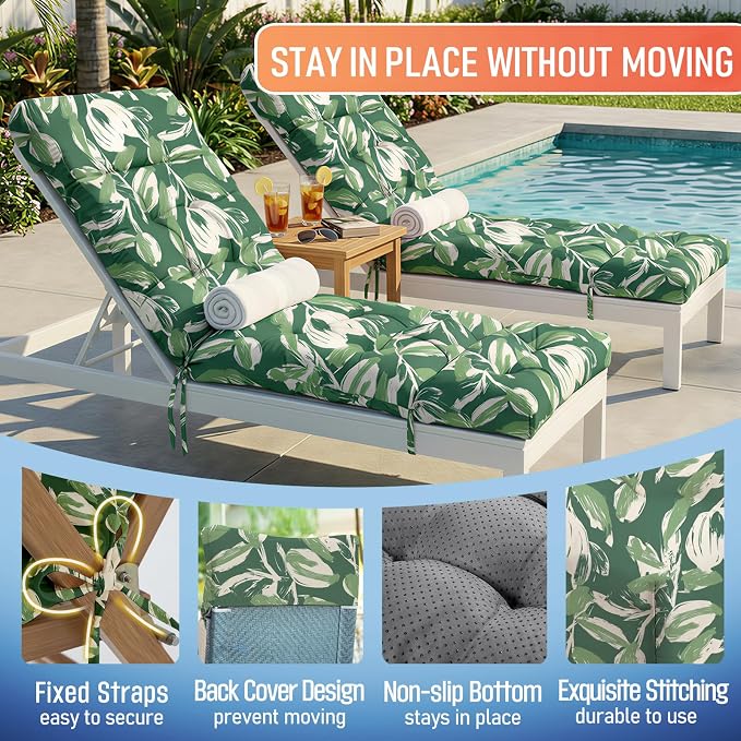 MAGIC ELEPHANT Chaise Lounge Cushion Outdoor, Memory Foam Patio Lounge Chair Cushion with Ties for Outdoor Furniture, 74 x 22 x 4 Inch (Forest Green Tulip)
