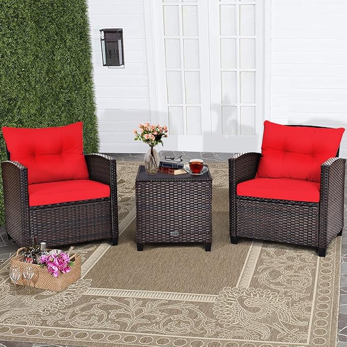 COSTWAY 3PCS Patio Furniture Set, PE Rattan Wicker Sofa w/Washable Cushion and Coffee Table, Tempered Glass Tabletop, Outdoor Conversation Set for Balcony, Porch, Yard, Backyard, Lawn, Red