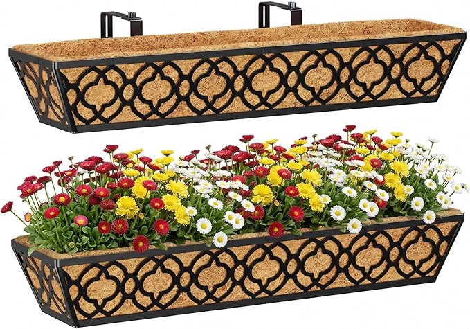 Y&M Deck Railing Planter Boxes 30 Inch 2 Pack, Adjustable Balcony Planter for Outdoor Plants, Metal Railing Planter Box for Deck, Fence and Porch, Window Boxes Outdoor, Sturdy Hanging Planter