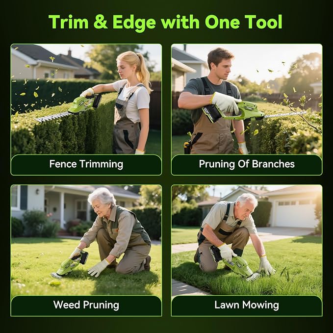 Hedge Trimmer Cordless, 2 in 1 Handheld Hedge Shears Electric Hedge Trimmer with 2 Pack 20V Rechargeable Battery and Charger Included, Small Grass Trimmer Garden Tools for Tree, Garden, Lawn, Yard