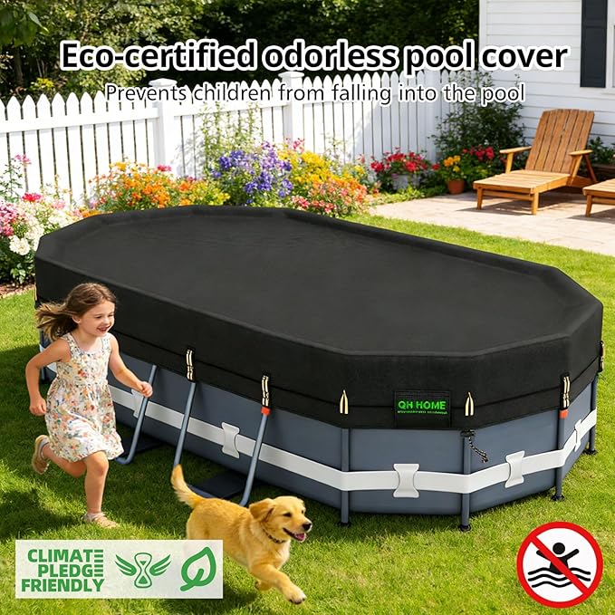 QH.HOME 550D 12x24 Ft Oval Pool Cover [Upgraded Tear Resistant & Quadruple Windpoof] wth Pre-Installed Patented Winch and Rope,Pool Covers for Above Ground Pools Oval-Snug Fit & Waterproof Protection