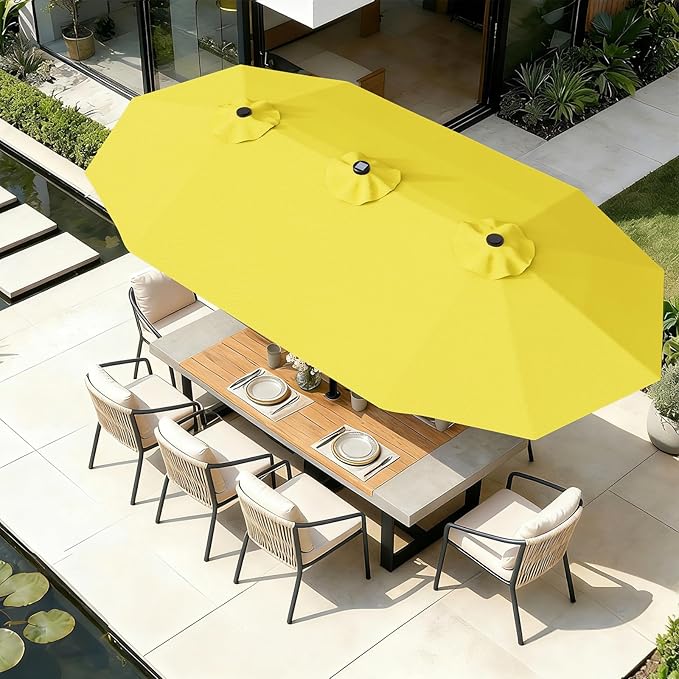 AreShark 13 FT Patio Umbrella with Solar Lights, Double-Sided Outdoor Table Umbrellas with Crank, Large Rectangular Market Umbrella for Porch, Lawn, Pool, Backyard, Yellow