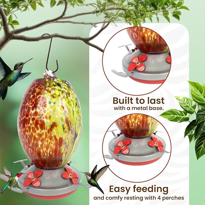 Nature Gear Glass Hummingbird Feeder for Outdoors, Hanging Bird Feeder with Ant Moat, Hand-Blown Glass Garden Feeder, Easy Clean Wide Mouth, Rust Resistant, 38 oz, Volcano Red