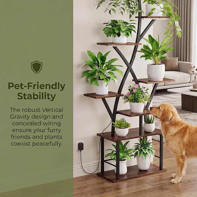 Quikraen Plant Stand Indoor with Grow Lights 64" Tall Plant Shelf Corner Lighted Plant Stands for Indoor Growing Multiple Metal 8 Tiered Large S-Shape Flower Plant Rack for Home Decor Patio Balcony