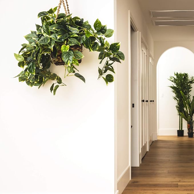 Nearly Natural Pothos Hanging Basket Silk Plant, 29" x 10.25" x 10.25"