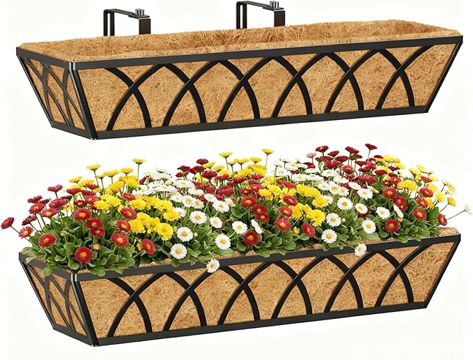 Y&M Hanging Railing Planter Boxes 2 Pack, 24 Inch Adjustable Balcony & Deck Planter, Heavy Duty Metal Flower Box for Porch, Fence & Window, Outdoor Plant Holder