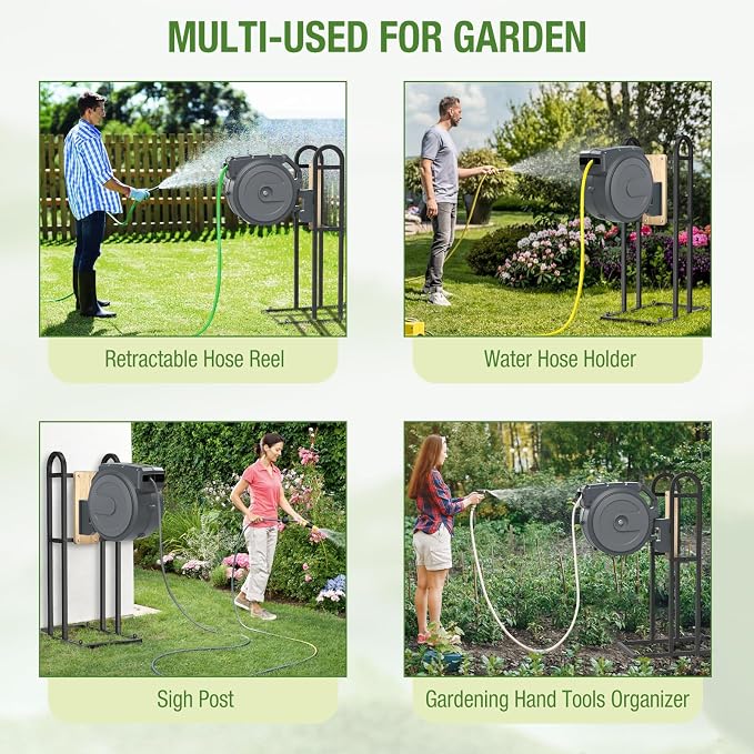 Retractable Hose Reel Stand, No Wall Damaged - Hose Holder, Freestanding Garden Hose Holder for Outside, Fit for Most Garden Hose Reel with Mounting Brackets