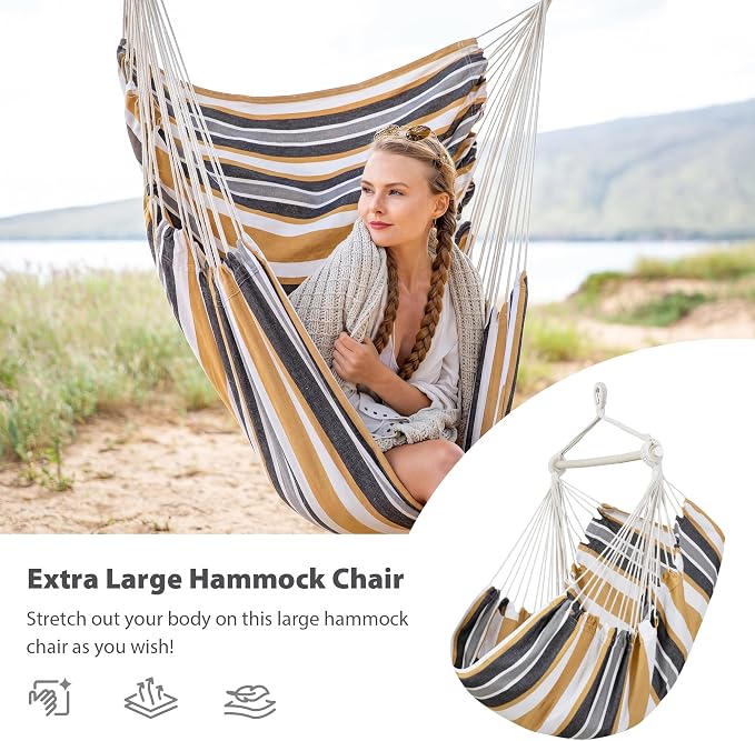 SUNCREAT Hammock Chair Swing with Steel Support Bar, Side Pocket, Large Hanging Chair Outdoor, Max 450lbs Capacity, Coffee Stripes