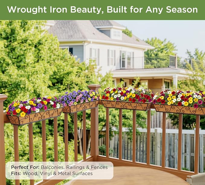 HFHOME 30 Inch Railing Planter Box with Coco Liners for Deck, Porch, Fence, Patio, Balcony Hanging Flower Railing Baskets with Adjustable Brackets, Outdoor Garden - 4 Packs
