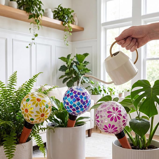 Frienda 3 Pack Mosaic Self Watering Spikes Plant Watering Globes Slow Release Vacation Insert Automatic Plant Waterer Device for Indoor Outdoor Automatic Waterer