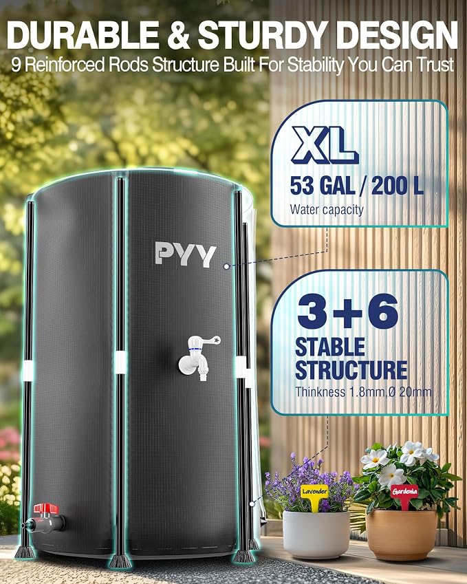PYY Rain Water Collection Barrel - 53 Gallon Black Large Water Storage Tank with Spigot, Hose and Portable Bucket, Plastic Collapsible Rain Catcher Catchment System to Collect Rainwater from Gutter