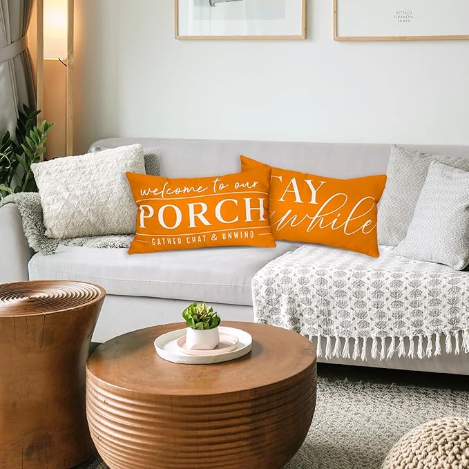TAJWE Outdoor Pillow Covers Waterproof 12x20 Set of 2 Orange Decorative Fall Thanksgiving Pillowcases Welcome to Our Porch Stay Awhile Cushion Cases for Patio Furniture Sofa Couch Decor