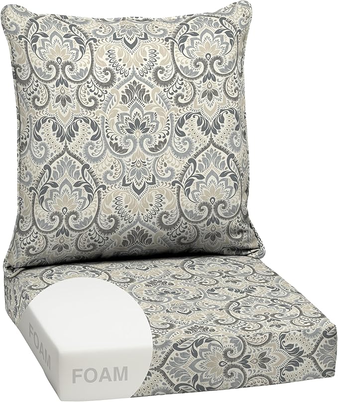 Arden Outdoor Foam Deep Seat Cushion Set, 24 in x 24 in, Weather-Proof, Rain-Proof, Fade Resistant Patio Cushion, Bottom and Back Cushion for Chair, Sofa, and Couch Neutral Aurora Damask