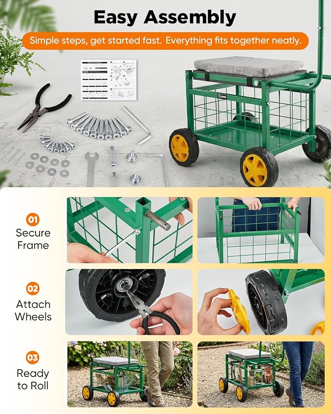 Saker Rolling Work Seat with Wheels - 15.7'' EVA Padded Stool, 400 lb Steel Frame, Large Storage Basket - Patio Lawn Backyard Cart for Gardening Tasks (Basic Version)