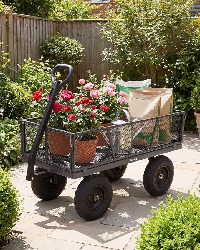 Garvee Versatile Outdoor Utility Cart - 1200LBS Heavy-Duty, 13" All-Terrain Pneumatic Tires,Vehicle-Connectable, Easy Maneuverable Lawn Cart with Removable Mesh Panels for Gardening & Landscaping,Grey