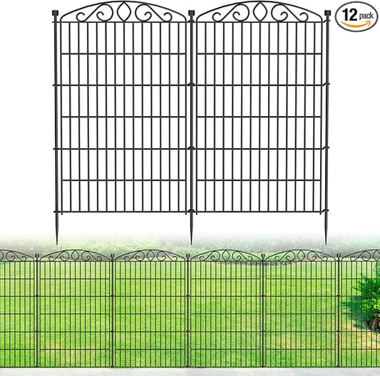 12 Panel No Dig Decorative Garden Fence - 42in H x 25.67 ft L, Tall Animal Barrier for Dogs Rabbits, Rustproof Metal Wire Panels for Yard, Patio, and Outdoor Border Use