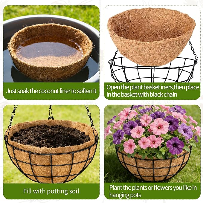 18 Inch Hanging Baskets for Plants Outdoor, 4 Pack Large Hanging Planters for Outdoor Plants, Round Wire Hanging Flower Pots with Coconut Coir Liners for Garden, Deck, Porch, Balcony