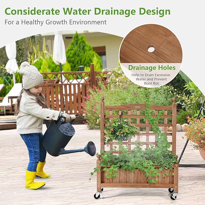 Giantex Set of 2 Mobile Plant Raised Bed, Wood Planter with Lattice Trellis and Wheels, Flower Box for Plant Climbing, Vertical Garden for Balcony Patio Yard, 25"x 11"x 32.5"
